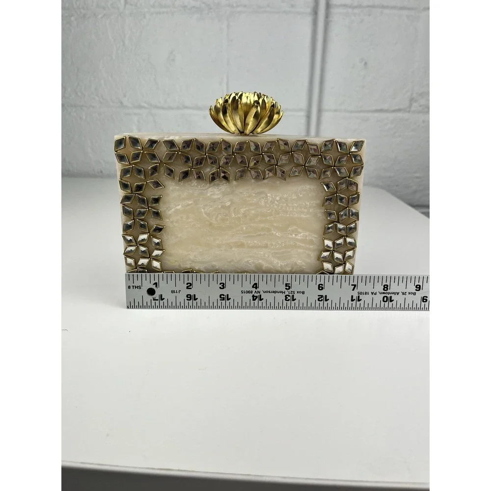 Kundan Mirror Rhinestone Clutch Resin Cream Marble Gold Tone Chain Boho Flower